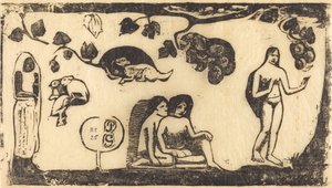 Vrouwen, Dieren en Bladmotieven Femmes, animaux et feuillages door Paul Gauguin
