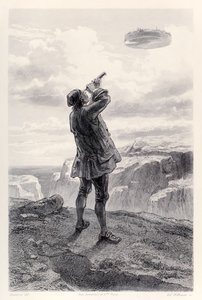 Gulliver ziet het vliegende eiland Laputa voor het eerst en bekijkt het door zijn telescoop, uit de Franse editie van Gullivers Reizen door Jonathan Swift