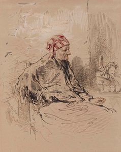 Oude vrouw met rode muts door Paul Gavarni