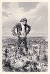 Het Lilliputische leger marcheert tussen de benen van Gulliver, uit de Franse editie van Gullivers Reizen door Jonathan Swift door Paul Gavarni