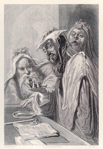 De wetenschappers van Lordbruldrud onderzoeken Gulliver, uit de Franse editie van Gullivers Reizen door Jonathan Swift