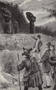 Beelden op Paaseiland onderzoeken (litho) door Paul Hardy