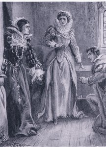 Koningin Mary Elizabeth en Courtenay Ik zal die vraag beantwoorden riep Mary terwijl ze de Arras opzij schoof, illustratie uit De Wereldbibliotheek van Beste Boeken, ca. 1940 door Paul Hardy