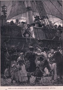 Scène van het vertrek uit Leith van de Darien-expeditie AD 1698 door Paul Hardy