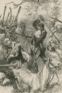 De Yanguesians, die zichzelf zo ruw behandeld zagen, grepen naar hun hefbomen en pakstokken