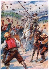 Ze bekogelden Don Quichot met een regen van stenen, illustratie uit 