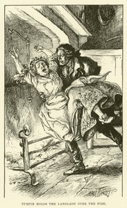 Turpin houdt de waardin boven het vuur (gravure)