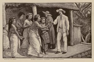 Vrouwen die bloemen aanbieden aan Robert Louis Stevenson door Paul Hardy