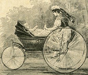 Kinder-Waerterin (kindermeisje), illustratie door Paul Heydel, een kinderwagen gaat als een fiets, uit het tijdschrift Ueber Land und Meer. Deutsche Illustrirte Zeitung