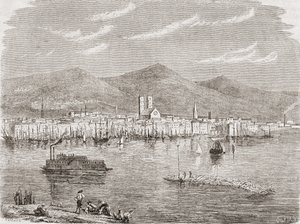 Montreal in de jaren 1860, gegraveerd door Auguste Trichon (geb.1814)