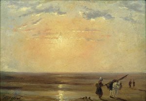 Het strand van Trouville met ondergaande zon door Paul Huet