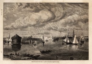 De ingang van de haven van New York. Gravure in Le tour du monde 1861. Selva