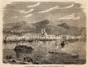 Zicht op Montreal, tekening door Paul Huet (1803-1869), ter illustratie van de reizen naar Noord-Amerika in 1854-1855, door L. Deville. Gravure in 