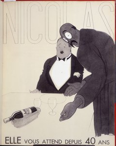 Ze wacht al 40 jaar op je De ober van een restaurant spreekt een klant aan door een fles wijn te ontwerpen. - advertentie voor Nicolas, tekening door Paul Iribe door Paul Iribe