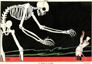 De Kaiser en de dood. Eerste Wereldoorlog 1914-1918: Wilhelm II (1859-1941) in een zee van bloed bedreigd door een skelet. Cartoon die de Duitse domheid belicht en zo het moreel van de Fransen tijdens de oorlog ondersteunt.