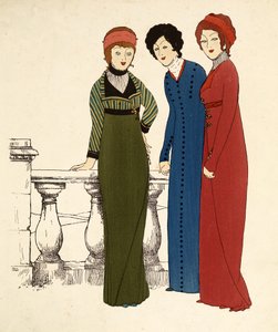 Drie dames in jurken (kleur lithografie)