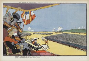 Bezoek van koning Alfonso XIII van Spanje aan Parijs: militaire parade in Vincennes. Illustratie voor Le Rire