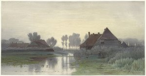 Boerderijen bij ochtendmist door Paul Joseph Constantin Gabriel