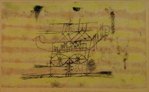 Steiger voor het hoofd van een monumentaal beeldhouwwerk door Paul Klee