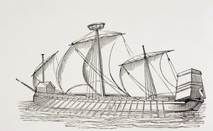 16e Eeuws Driemastgalei met vierkante zeilen. door Paul Lacroix