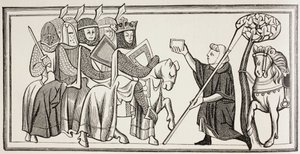 Een boodschapper arriveert met een boodschap voor een koning die aan het hoofd van zijn leger staat. Naar een illustratie in een 13e eeuwse Ms. door Paul Lacroix
