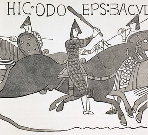 Bisschop Edues houdt zijn ambtsstok vast en moedigt de soldaten van de hertog van Normandië aan tijdens de slag om Hastings. Naar een detail in het Tapijt van Bayeux. door Paul Lacroix