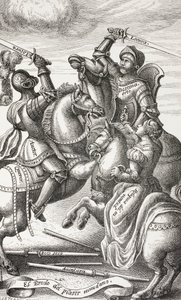 Ridderschap voorgesteld door allegorische figuren. Vechtende ridders te paard. Naar een 16e eeuwse koperplaat. door Paul Lacroix