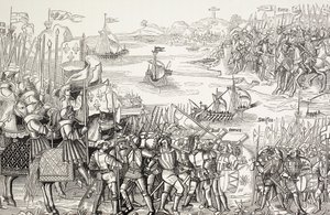 Kruisvaarders landen in Damietta, Egypte, in 1249 tijdens de zevende kruistocht. door Paul Lacroix
