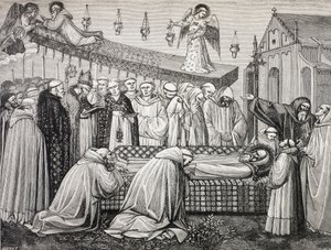 De dood van de heilige Benedictus van Nursia of San Benedetto Da Norcia, 480-547, in de abdij van Monte Cassino. door Paul Lacroix