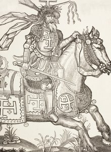 Godfried van Bouillon, ca. 1060 - 1100, middeleeuwse Frankische ridder. Een leider van de eerste kruistocht. Hier te zien gekroond met de lijdensinstrumenten van Christus. Naar een 15e-eeuwse houtsnede. door Paul Lacroix