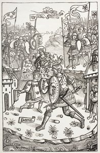 Koning Artus, of Arthur, beschermd door de Maagd, vechtend tegen een reus. Naar een houtsnede in Chroniques De Bretagne, door Alain Bouchard, uitgegeven in 1514. door Paul Lacroix