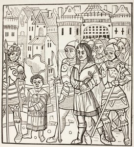 Koning St Louis, Louis Ix van Frankrijk, en zijn twee broers, Alphonse en Charles, worden gevangen genomen door de Saracenen na de Slag van Fariskur, april 1250, tijdens de Zevende Kruistocht. door Paul Lacroix
