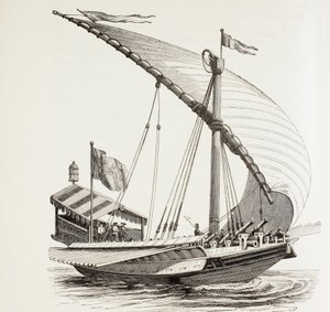 Pontificaal galei met zeilen, roeispanen en zware artillerie. Het voert de pauselijke vlag. Naar een tekening van Breugal de Oudere. door Paul Lacroix