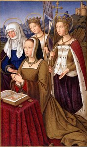 Portret van Anna van Bretagne (1477-1514), Koningin van Frankrijk, in gebed met haar heilige patroonheilige Sint Anna, Sint Helene en Sint Ursule - in 