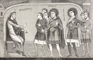 De heiligen Savin en Cyprianus bekennen aan proconsul Galerius Maximus dat ze christenen zijn. Naar een fresco uit de 11e eeuw in de kerk van St. Savin, Vienne, Frankrijk. door Paul Lacroix
