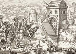 De belegering van een stad. Het belegerende leger leest de voorwaarden voor overgave van de stad en opent de poorten. door Paul Lacroix
