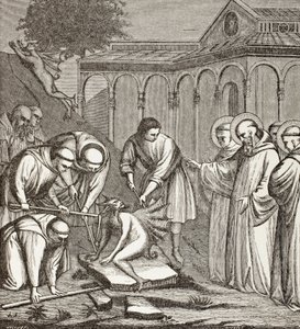 Sint Benedictus en de duivel. Toen Benedictus een kapel bouwde, zat de duivel op een steen en niemand kon hem bewegen totdat Benedictus de steen zegende. Toen vluchtte de duivel. door Paul Lacroix