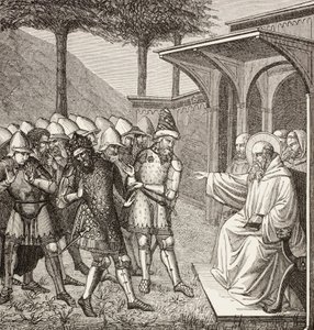 Sint Benedictus van Nursia verwijt Baduila Aka Totila, koning van de Ostrogoten, dat hij hem heeft bedrogen en voorspelt zijn dood. door Paul Lacroix