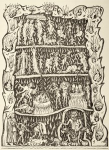 De kwellingen van de hel. Uit een miniatuur in een 12e eeuws manuscript, vernietigd na een brand in de bibliotheek van Strasburg tijdens een Pruisisch bombardement. door Paul Lacroix