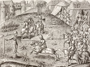De draaiende afbeelding van een ridder. Naar een miniatuur in de 15e-eeuwse Chroniques De Charlemagne. door Paul Lacroix