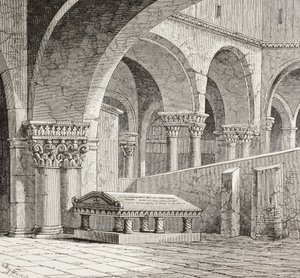 Graf van Godfried De Boullon, C 1060 - 1100, zoals het bestond in de kerk van het Heilig Graf, Jeruzalem. Het graf is nu vernietigd. Naar een tekening ter plaatse gemaakt in 1828. door Paul Lacroix