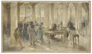 Schets voor de rechtszaal van de Parijse handelsrechtbank: Het boek van de beroepen