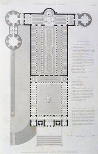 Herstelde indeling van de Oude Basiliek gebouwd door keizer Constantijn, gravure uit Vaticaan en Sint-Pietersbasiliek