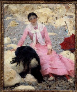 Portret van Fernande Mathey (1857-1941) op het strand