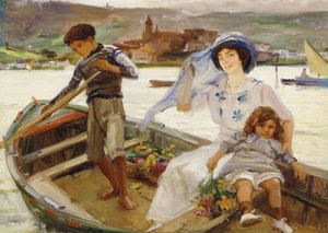 Een Moeder en Kind die een Rivier Oversteken met een Stad op de Achtergrond door Paul Michel Dupuy