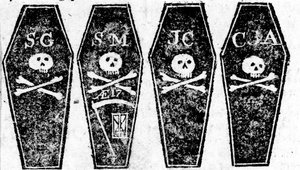 Tekening van de vier doodskisten van het Bloedbad van Boston, gedrukt in de Boston Gazette, 12 maart 1770