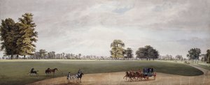 Een koets in het park van Luton, ontmoet door ruiters en dartelende veulens