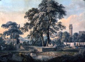 Een Italiaans Landschap met Vrouwen bij een Wasplaats