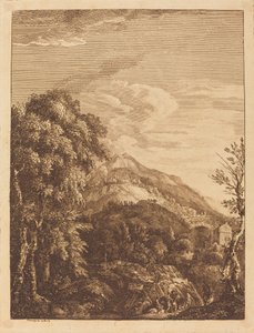 Bergachtig landschap met een waterval, ronde toren, kasteel en bandieten