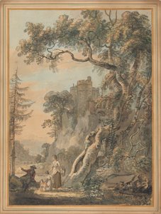 Romantisch landschap - Boeren aan de voet van een kasteel op een rots door Paul Sandby